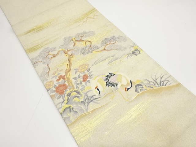 アンティーク　綴れ　鶴に松・草花模様織り出し袋帯（材料）